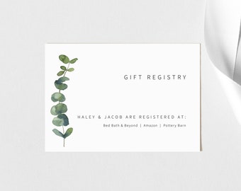 Wedding Registry Card Template, Elegant Eucalyptus, Printable Wedding Gift Registry Card, Templett INSTANT Download, Editable