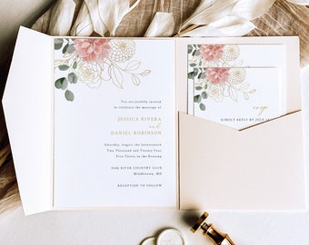 Wedding Invitation Template Set, Pocketfold Design, Blush & Gold Flowers, Editable Wedding Invitation, Printable, Templett INSTANT Download