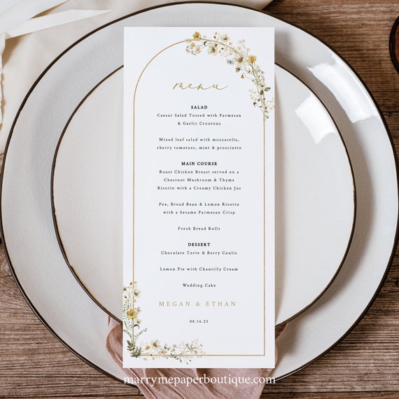 Wedding Menu Template, Rustic Yellow Flower Arch, Printable, Editable, Wedding Table Menu, Yellow Floral, Tall, Templett INSTANT Download