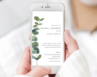 Digital Bridal Shower Text Invitation Template, Elegant Eucalyptus, Greenery Bridal Shower Text Invite, Templett INSTANT Download, Editable