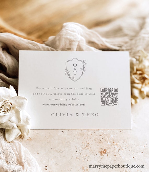 Wedding Website QR Code Card Template, Elegant Crest & Monogram, Editable, Website Enclosure Card, Printable, Templett INSTANT Download