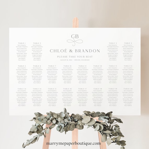 Wedding Seating Chart Template, Elegant Monogram, Elegant Wedding Seating Plan Printable, Editable Seating Poster, Templett INSTANT Download