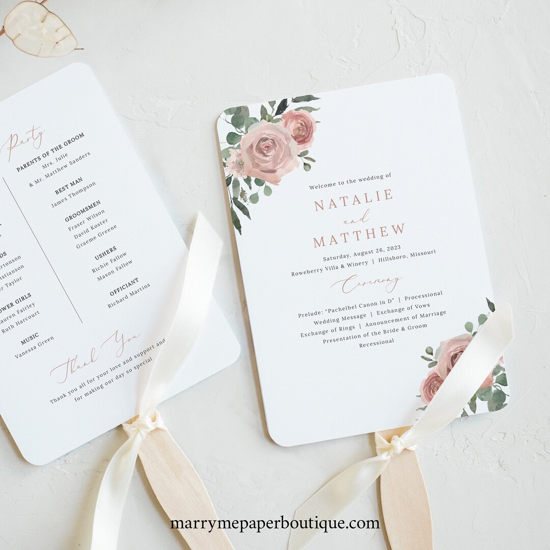 Wedding Program Fan Template, Dusky Pink Floral, Wedding Ceremony Fan ...