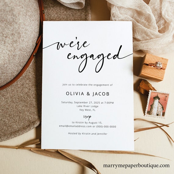 Engagement Party Invitation Template, Modern Calligraphy, We're Engaged Card, Printable, Editable, 5x7, Self Edit, Templett INSTANT Download