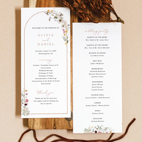 Wedding Program Template, Rustic Wildflower Arch, Editable, 4x9, Wildflower Wedding Ceremony Program, Printable, Templett INSTANT Download