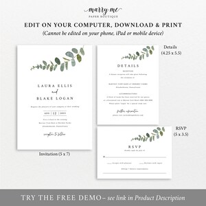 Eucalyptus Wedding Invitation Template Set, Try Before Purchase, Greenery Wedding Invites Printable, Templett Instant Download image 4