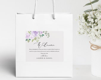 Welcome Bag Label Template, Try Before Purchase, Self Edit Instant Download, Mauve & Lilac Floral