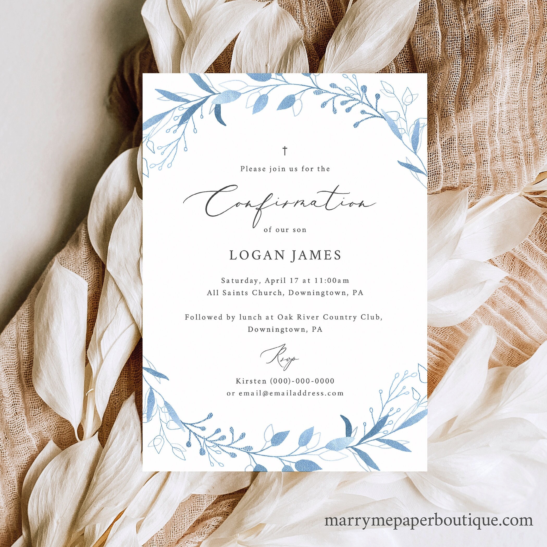 Confirmation Invitation Template Light Blue Foliage Editable Blue Confirmation Invitation Card Printable Templett INSTANT Download Etsy