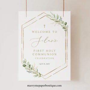 First Communion Welcome Sign Template, Greenery Hexagonal, Editable, Greenery First Holy Communion Sign Printable, Templett INSTANT Download