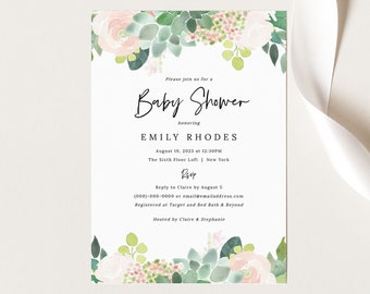 Succulent Floral Baby Shower Invitation Template, Green & Blush Invite Printable, Templett Editable, Instant Download