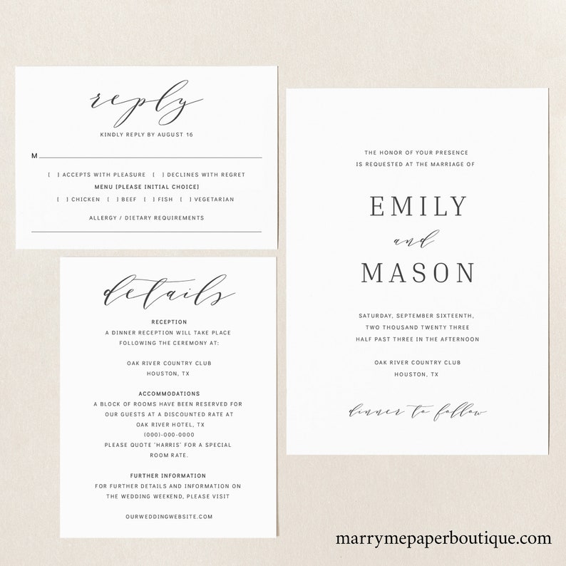 Wedding Invitation Template Set, Try Before Purchase, Fully Editable Instant Download, Formal & Elegant 