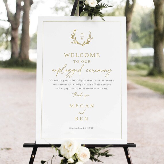 Unplugged Ceremony Sign Template, Gold Wreath Monogram, Editable, Unplugged Wedding Sign with Monogram in Gold, Templett INSTANT Download