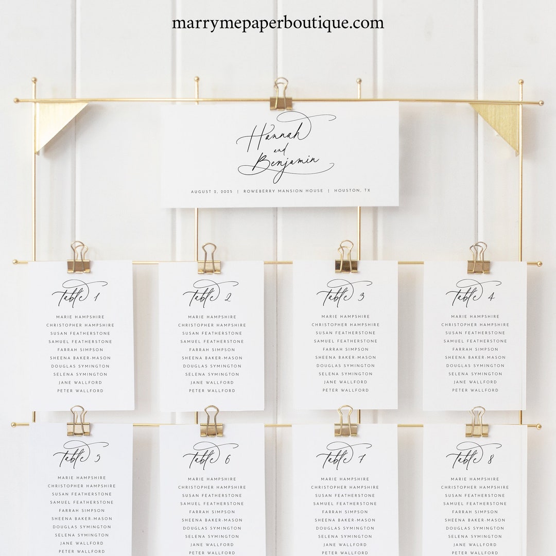 Seating Plan Cards Template, Pretty Calligraphy, Editable, Wedding ...