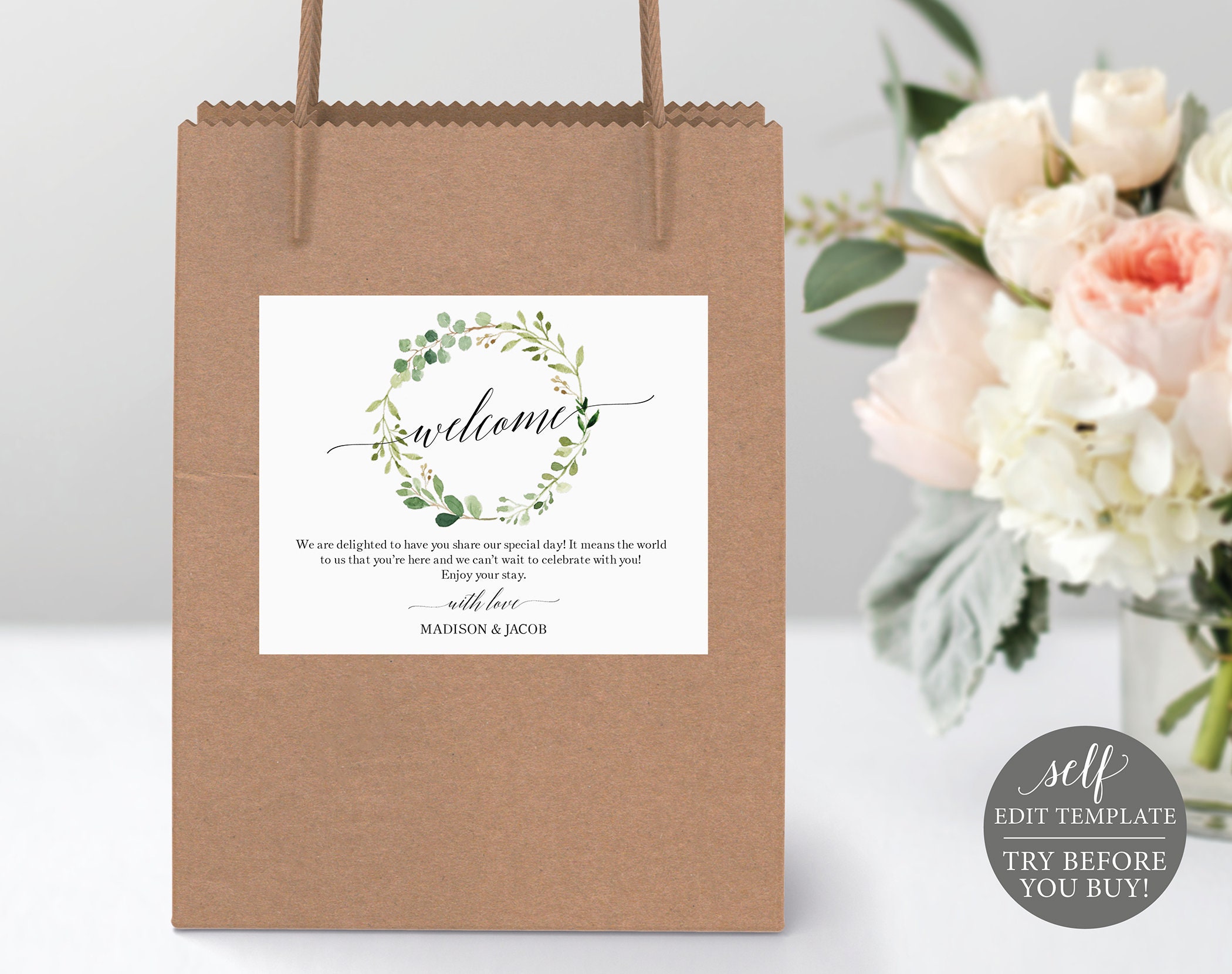 Welcome Bag Label, Editable, Greenery Wedding Box Label, Wedding Gift Bag  Label Template, Hotel Bag Label Printable, Instant Download With Goodie Bag Label Template