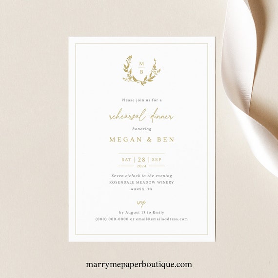 Rehearsal Dinner Invitation Template, Gold Wreath Monogram, Printable, Gold Rehearsal Invitation, Templett INSTANT Download, Editable