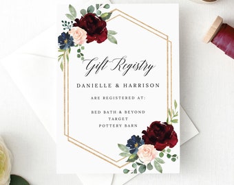 Gift Registry Card Template, Burgundy Navy, Demo Available, Printable Editable Instant Download