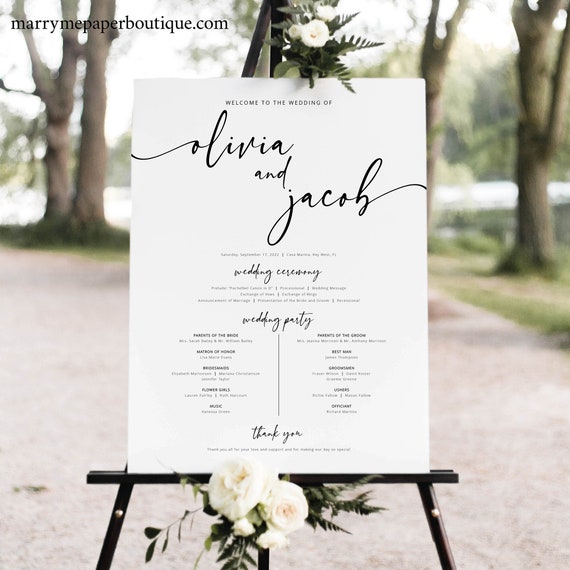 Wedding Program Sign Template, Modern Calligraphy, Timeline Sign, Order of Events Sign, Printable, Editable, Templett INSTANT Download