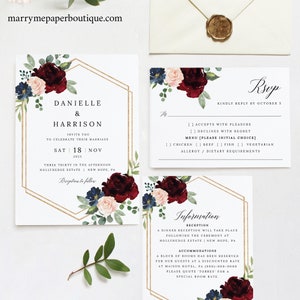 Wedding Invitation Template Set, Free Demo Available, Editable Instant Download, Burgundy Navy