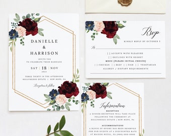 Wedding Invitation Template Set, Free Demo Available, Editable Instant Download, Burgundy Navy