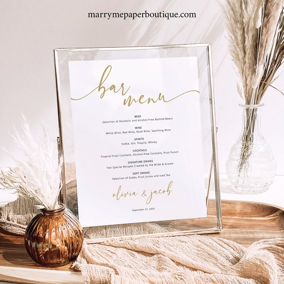 Bar Menu Template, Gold, Modern Script, 8x10, Wedding Bar Menu, Wedding Drinks Menu Template, Editable, Printable, Templett INSTANT Download