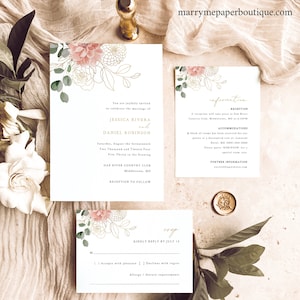 Wedding Invitation Template Set, Blush & Gold Flowers, Invitation Suite Printables, RSVP, Details Card, Editable, Templett INSTANT Download