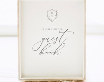 Guest Book Sign Template, Elegant Crest & Monogram, Editable, Please Sign Our Guestbook Sign, Printable, Templett INSTANT Download