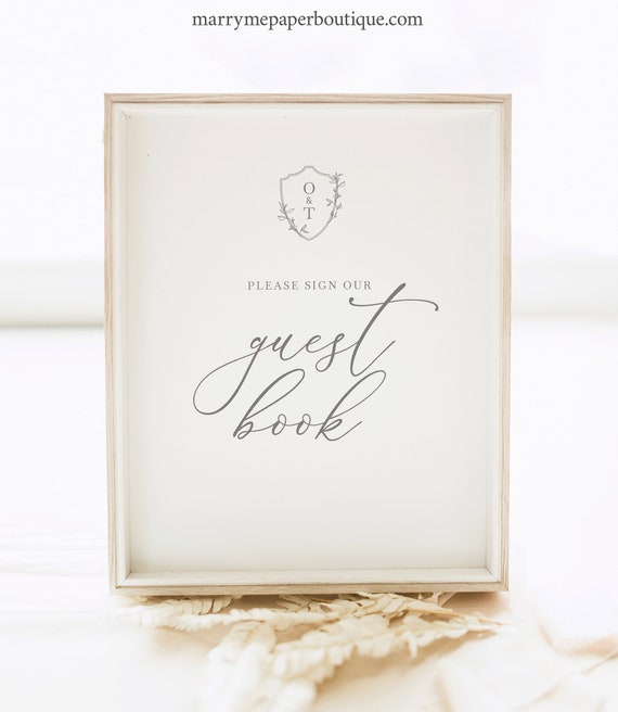 Guest Book Sign Template, Elegant Crest & Monogram, Editable, Please Sign Our Guestbook Sign, Printable, Templett INSTANT Download