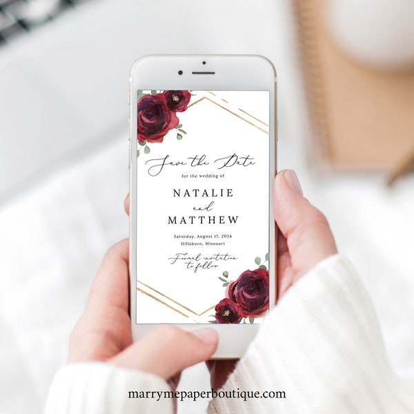 Digital Save the Date Invitation Template, Elegant Burgundy Floral, Editable Electronic Save the Date Invite Text, Templett INSTANT Download