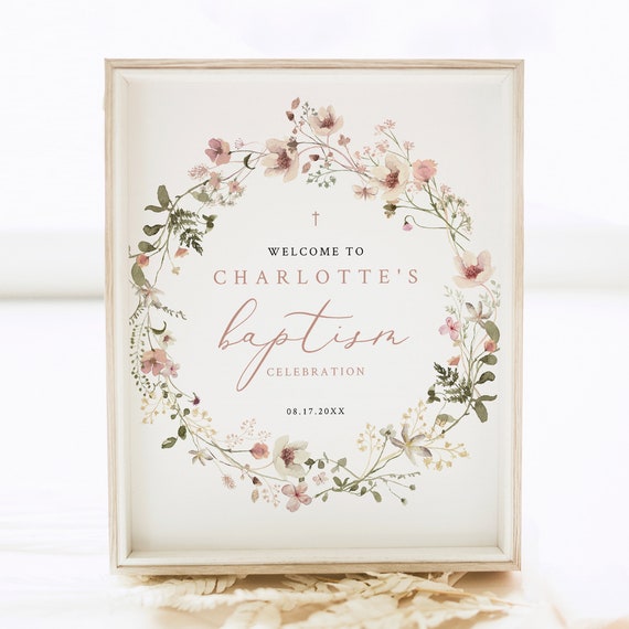 Baptism Welcome Sign Template, Rustic Pink Flowers, 8x10, Welcome to the Baptism Sign, Editable, Printable, Templett INSTANT Download