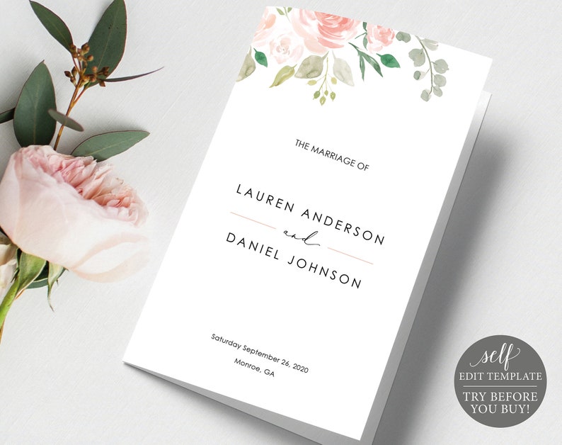TRY BEFORE You BUY Instant Download 100/% Editable Pink /& Blush Floral Catholic Ceremony Program Printable Wedding Program Template