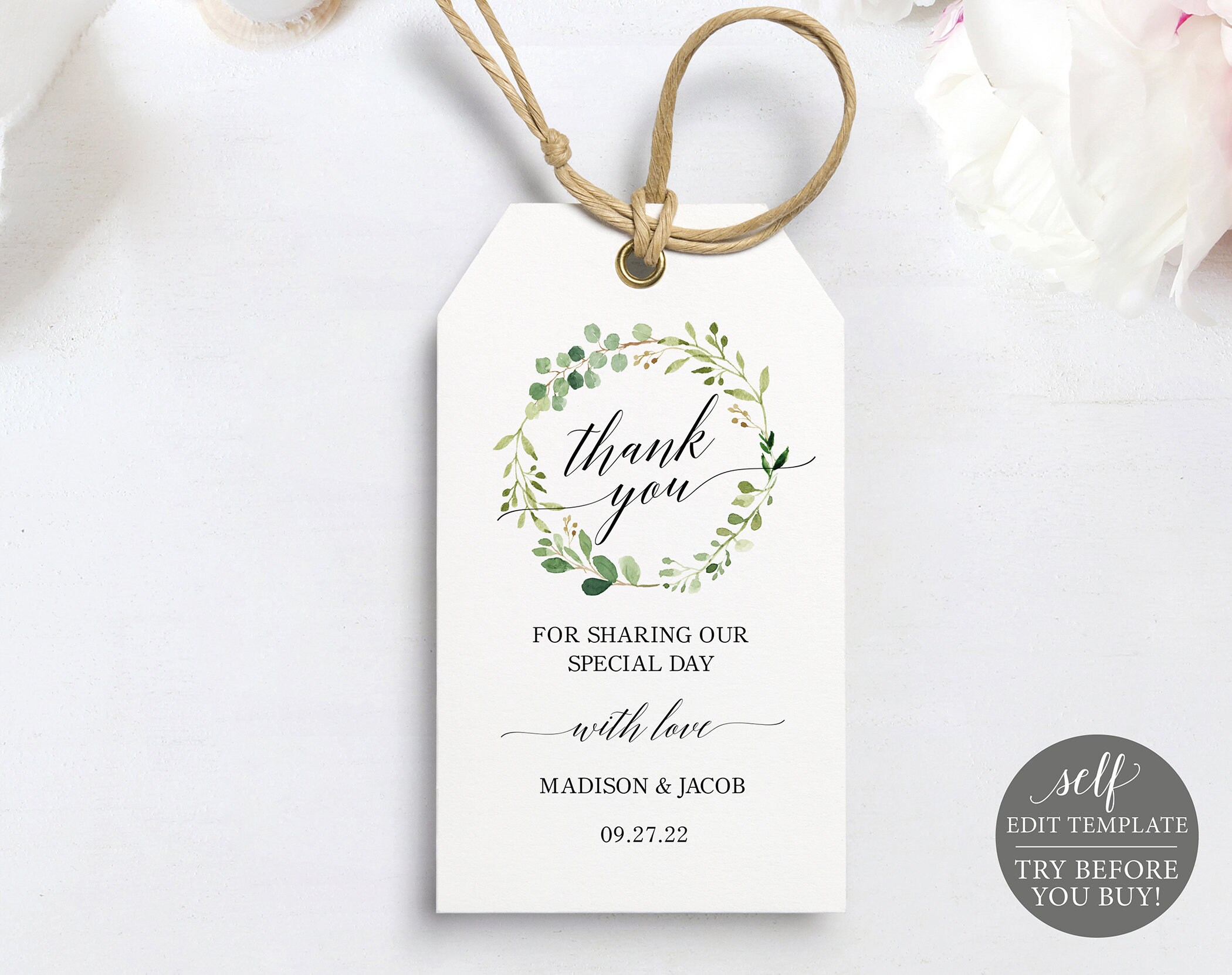 greenery wedding thank you tag template wedding favor