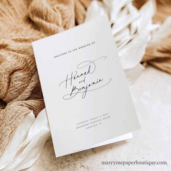 Four Page Wedding Program Template, Pretty Calligraphy, Wedding Ceremony Program, Printable, Folding, Templett INSTANT Download, Editable