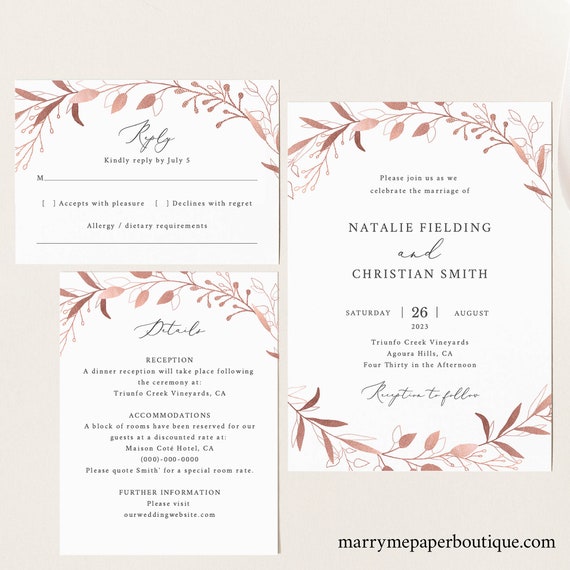 Wedding Invitation Set Template, Rose Gold, Fully Editable Instant Download, TRY BEFORE You BUY