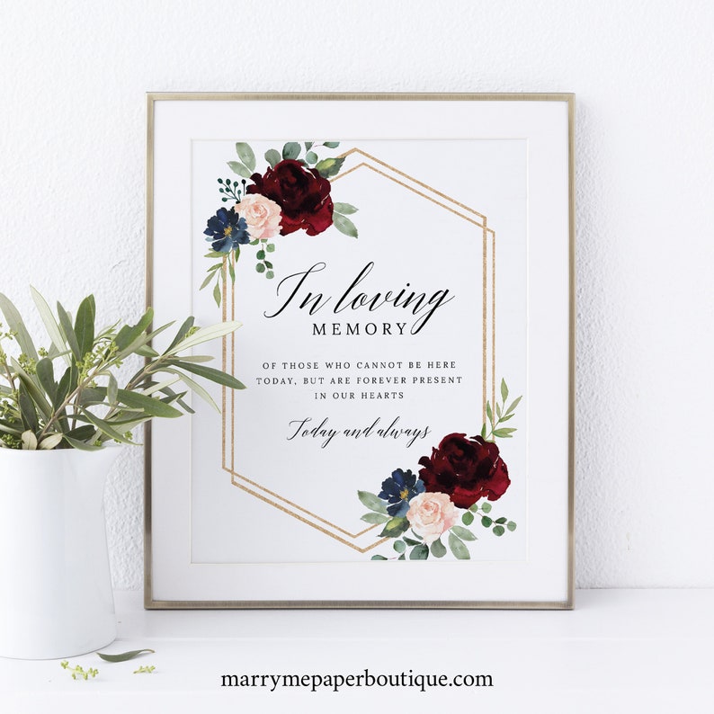 Burgundy Navy Non-Editable Instant Download In Loving Memory Sign Template