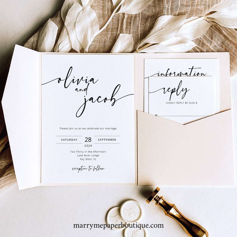 Wedding Invitation Template Set, Modern Calligraphy, For Pocketfold Use, Editable & Printable, Try Before Purchase, Instant Download 