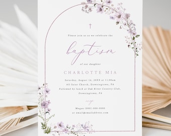 Baptism Invitation Template, Rustic Lavender Flowers Arch, Editable,  Baptism Invitation Card, Printable, 5x7, Templett INSTANT Download