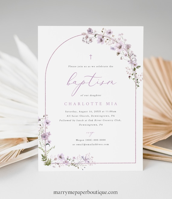 Baptism Invitation Template, Rustic Lavender Flowers Arch, Editable,  Baptism Invitation Card, Printable, 5x7, Templett INSTANT Download