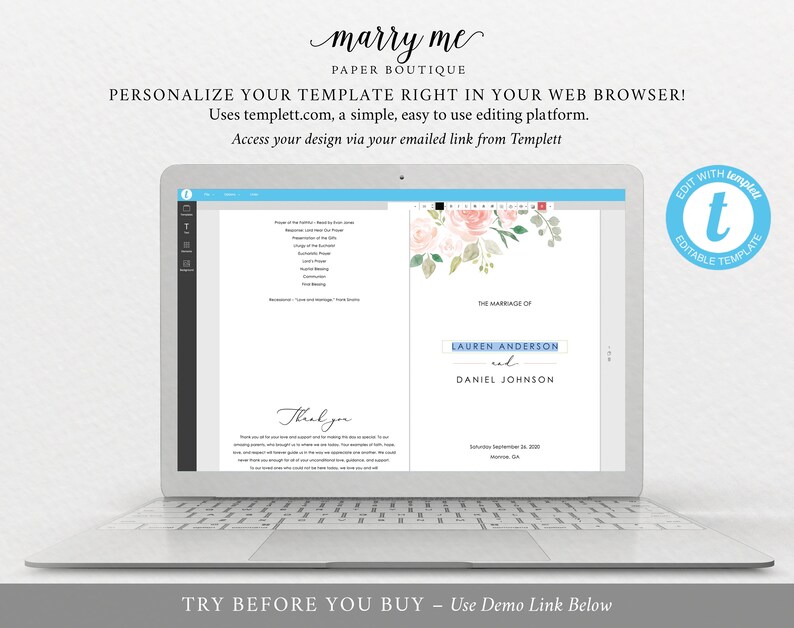 TRY BEFORE You BUY Instant Download 100/% Editable Pink /& Blush Floral Catholic Ceremony Program Printable Wedding Program Template