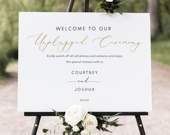 Unplugged Ceremony Sign Template, Elegant Gold Script, Templett, Editable & Printable Instant Download, Try Before Purchase