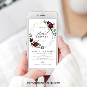 Bridal Shower Text Invitation Template, Burgundy Floral, Digital Bridal Shower Text Invite, Editable, Templett INSTANT Download