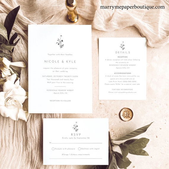 Wedding Invitation Template Set, Elegant Botanic Flowers, Wedding Invitation Suite, Editable, Printable, Templett INSTANT Download