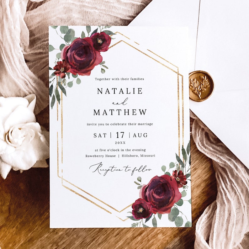 Wedding Invitation Template Set, Elegant Burgundy Floral, Editable Invitation Suite Printable, RSVP, Details Card, Templett INSTANT Download image 3