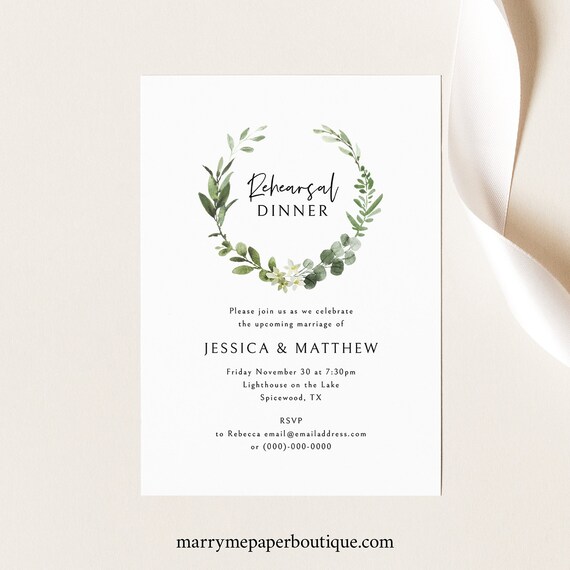 Rehearsal Dinner Invitation Template, Elegant Greenery, Editable & Printable Invite, Demo Available, Templett Instant Download