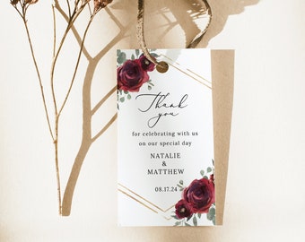 Favor Tag Template, Elegant Burgundy Floral, Wedding Favor Tag Printable,  Editable Wedding Tag, Rectangular, Templett INSTANT Download