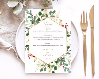 Wedding Menu Template, Winter Wedding, Hexagonal, Wedding Menu Card, Printable, 5x7 Table Menu, Editable, Templett INSTANT Download