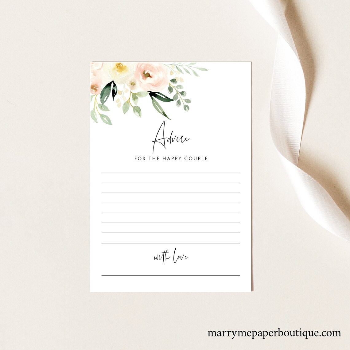 Advice Card Template Pink Floral Greenery Ivory Printable - Etsy