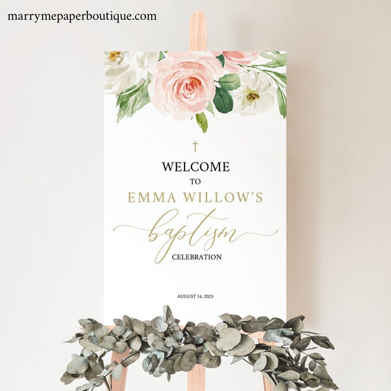 Baptism Welcome Sign Template, Try Before Purchase, Editable Instant Download, Blush Pink Floral