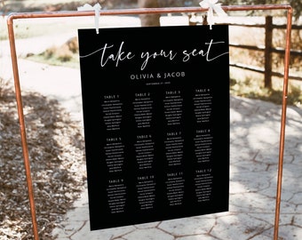 Wedding Seating Chart Template, Modern Script Black, Editable, Seating Plan Sign, Printable, Seating Poster Sign, Templett INSTANT Download