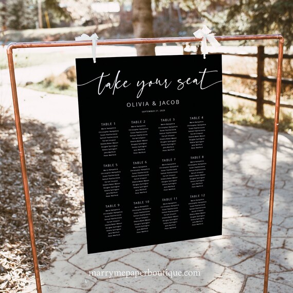 Wedding Seating Chart Template, Modern Script Black, Editable, Seating Plan Sign, Printable, Seating Poster Sign, Templett INSTANT Download