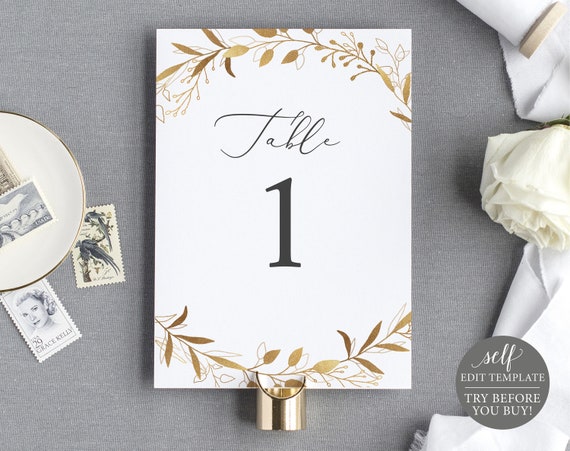 Table Number Template, Gold Wreath, TRY BEFORE You BUY, Fully Editable Instant Download